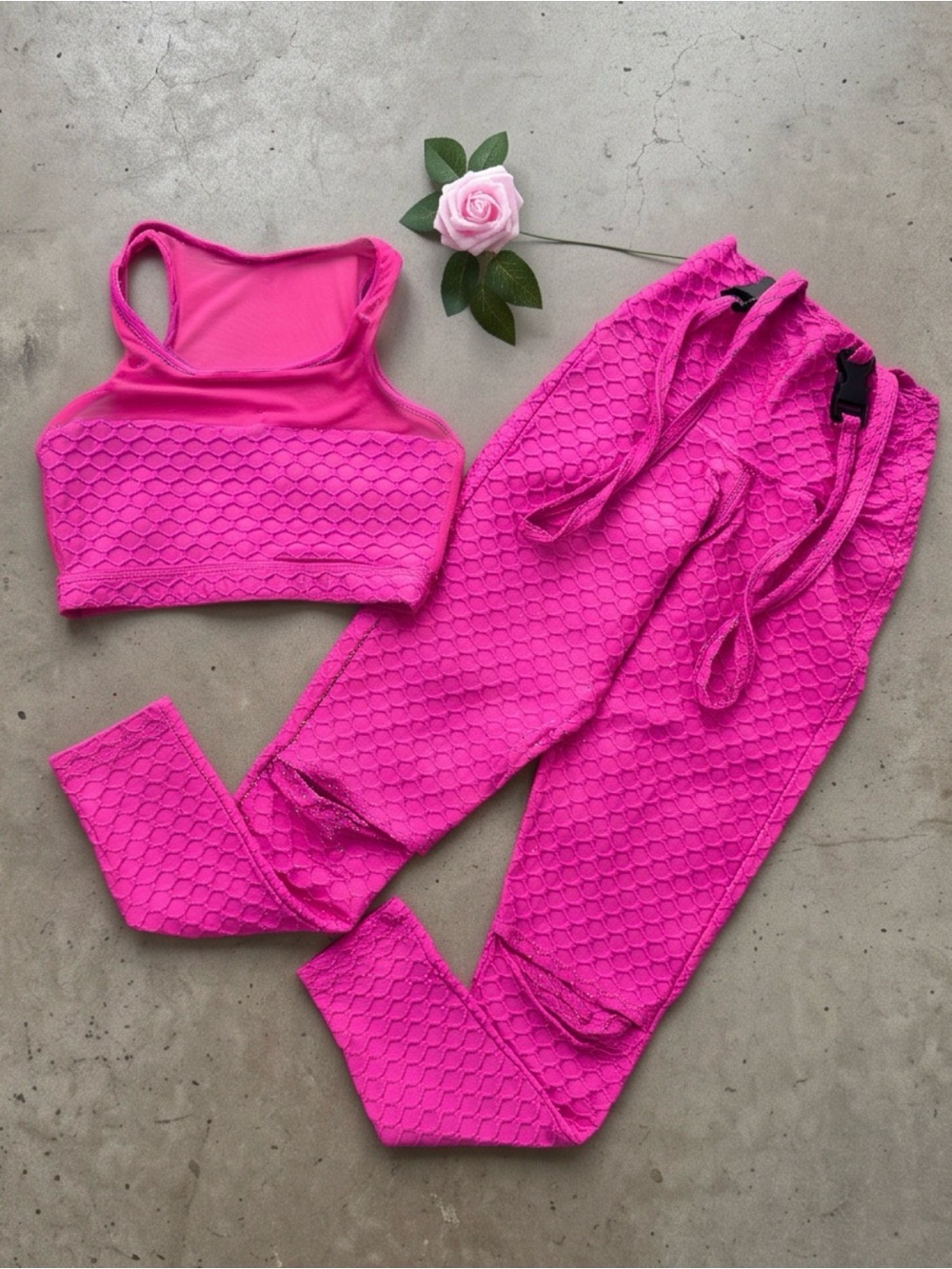 Women's Bright Pink Textured Leggings & Crop Top Active Set